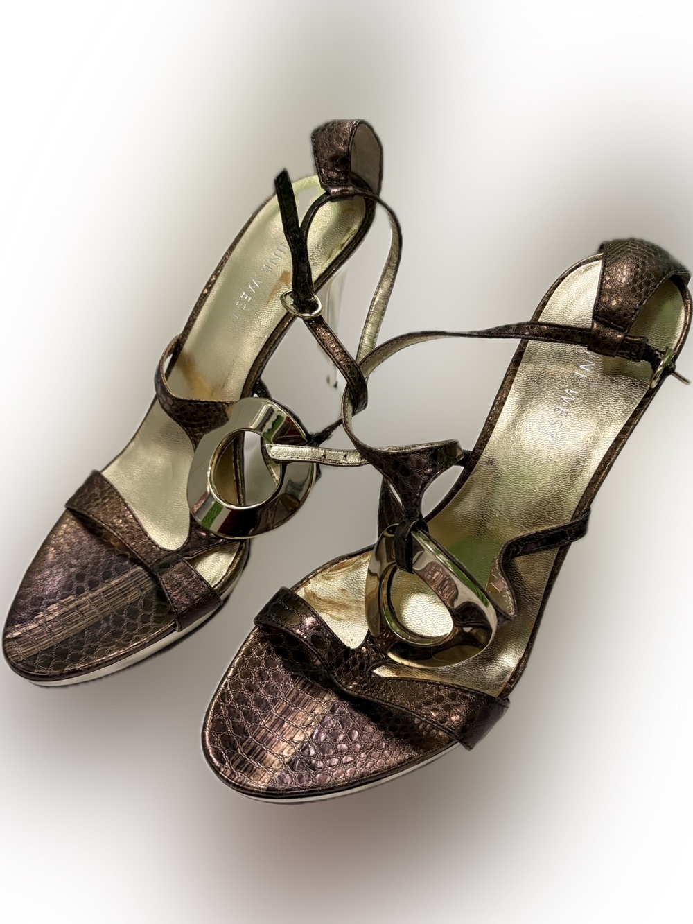 Nine West Metallic Brown Strappy Heels with Gold Accent